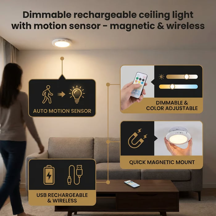🎁LAST DAY 49％ OFF🔌Rechargeable Magnetic Wireless Motion Sensor Ceiling Light with Remote💡