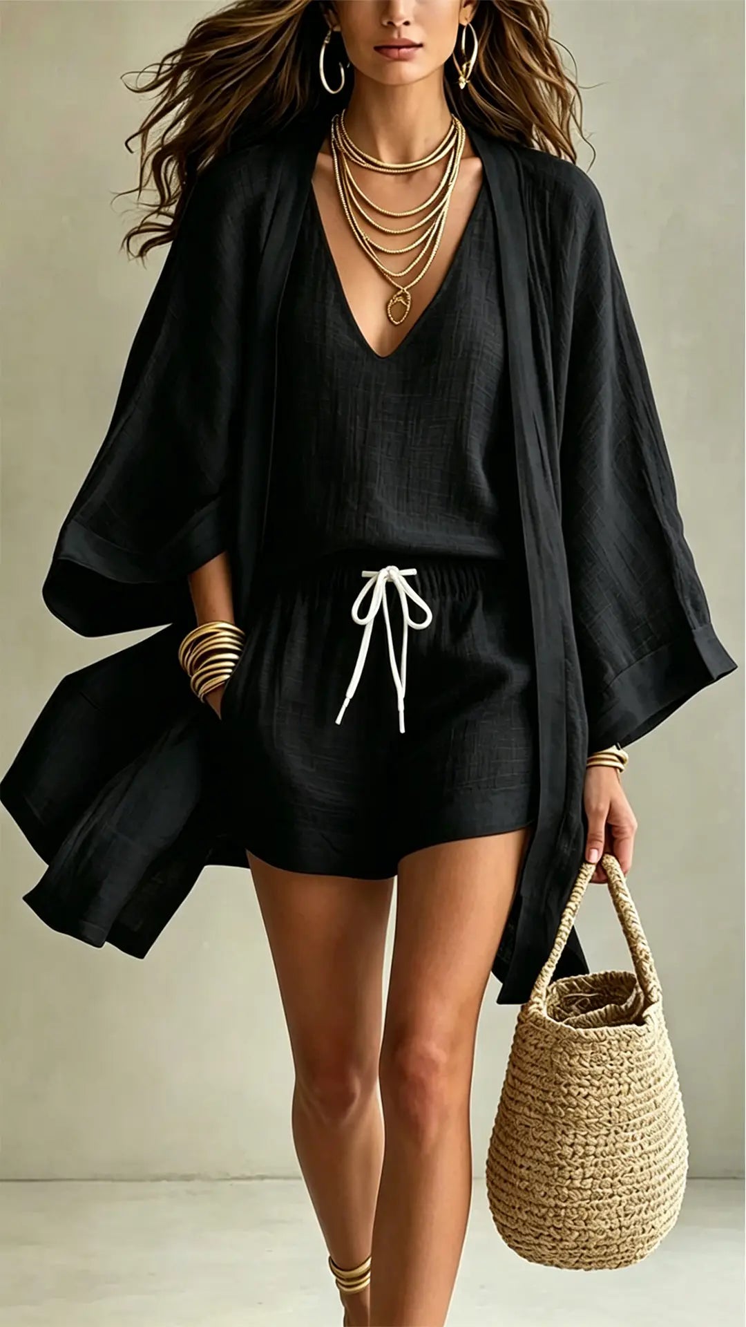 Women's Linen-Blend Three-Piece Set (Kimono + Tank + Shorts)